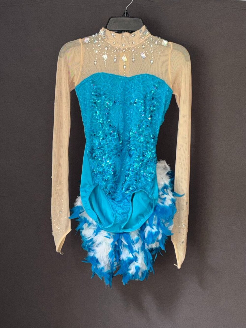 Art Stone Turquoise Sequin Lace Feather Bustle Dance Costume Leotard SA